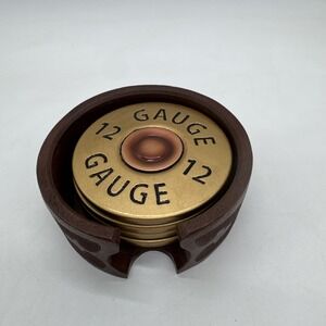 Shotgun Shell 12 Gauge 4 Coaster Set Holder Big Sky Carvers Brass Look Resin